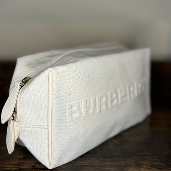 Burberry Embossed Logo Ivory Cream Canvas Makeup Bag Toiletry Case Travel Pouch - Picture 2 of 7